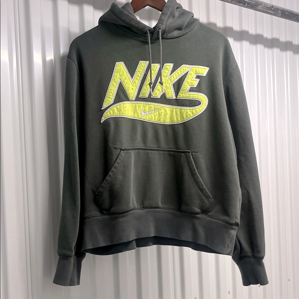 Nike Men's Olive Hoodie with Neon Logo Chenille logo